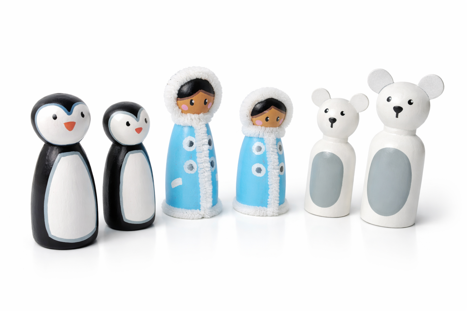Lot de personnages bois "Famille Inuits & Animaux Polaires"