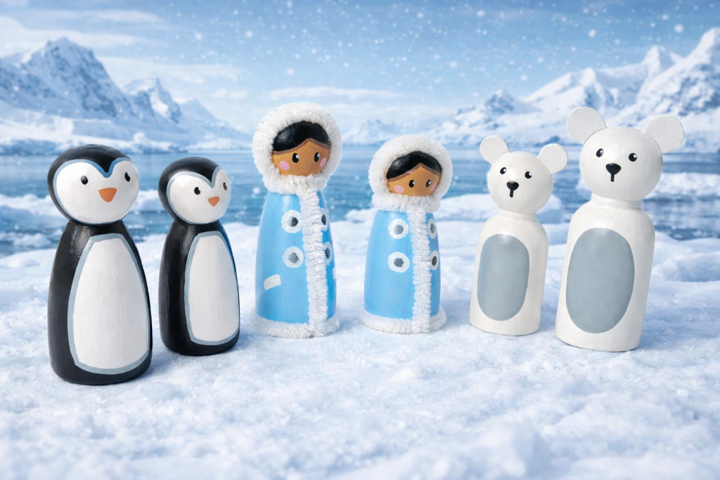 Lot de personnages bois "Famille Inuits & Animaux Polaires"